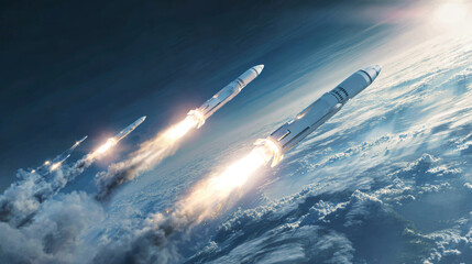 Fototapeta premium Missiles launch into the sky in a dramatic aerial battle scene above Earth. Clouds surround the combat zone, capturing the intensity of military action and technology