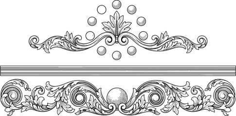 Fototapeta premium Vintage engraved floral border ornament with acanthus leaves and decorative scrollwork for classical architectural design