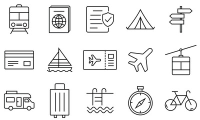 Fototapeta premium Travel icon set. Travel and Tourism vector icons pack, flat and outline tourism icons. Containing plane, tourism, passport, navigation, holiday, suitcase, trip, ticket and more. Vector illustration.