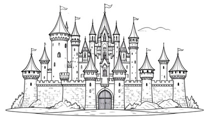 Obraz premium Royal Castle Outline – Black and White Coloring Book Illustration Vector