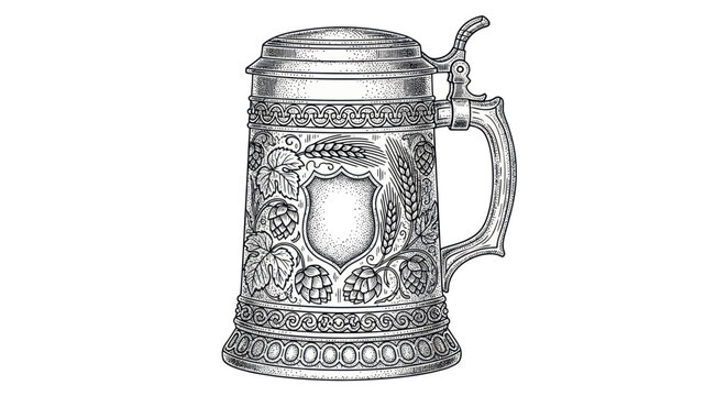 Vintage Beer Stein Drawing: Ornate Pewter Mug with Hops and Wheat Design