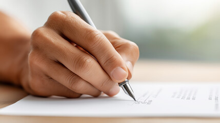 Fototapeta premium Hand signing official document, contract, legal paper, agreement. Business person making lasting commitment