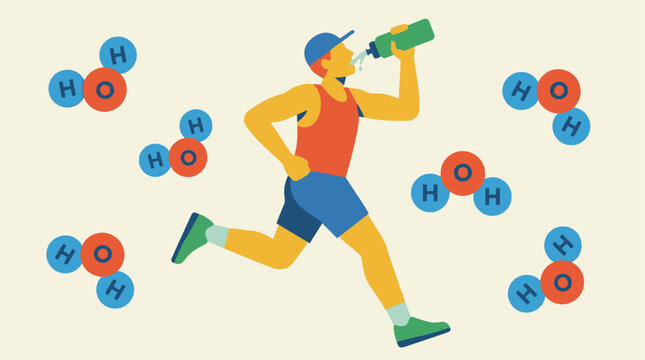 Runner drinks water while jogging outdoors with molecular oxygen and hydrogen.