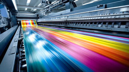 Fototapeta premium A high-speed printing press operates swiftly, splashing vibrant colors onto paper as ink flows rapidly, creating beautiful motion and a lively industrial atmosphere