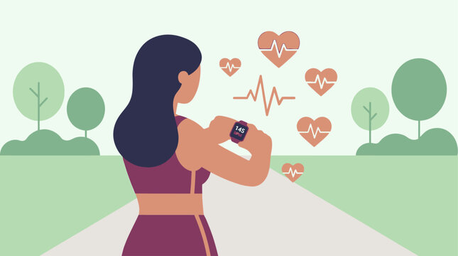 Smartwatch Fitness Woman Monitors Heart Rate and Health Progress During an Outdoor Walk, Embracing Digital Wellness and an Active Lifestyle