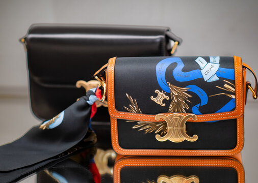 Celine Triomphe bag in leather and silk with a multicoloured print and a metal clasp featuring the brand&rsquo;s logo. Milan - Italy, 07 March 2026