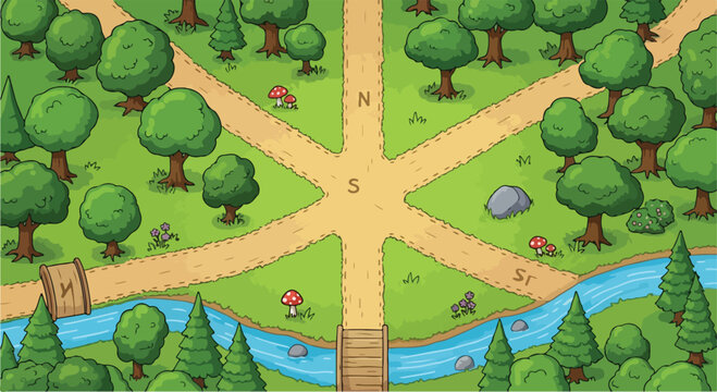Top-down cartoon vector illustration of a forest crossroads with multiple paths, green trees, mushrooms, rocks, and a river with wooden bridges, perfect for game maps or adventure concepts.