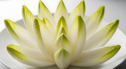 Fototapeta premium Crisp Belgian Endive Spears Arranged In Neat Fan Shape, Elegant Pale Leaves With Slight Bitterness and Subtle Crunch, Celebrating Natural Geometry and Fresh Culinary Simplicity
