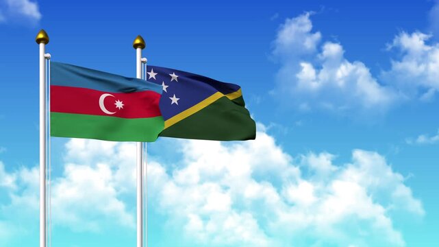 Waving flags of AZERBAIJAN and SOLOMON ISLANDS on pole included with alpha