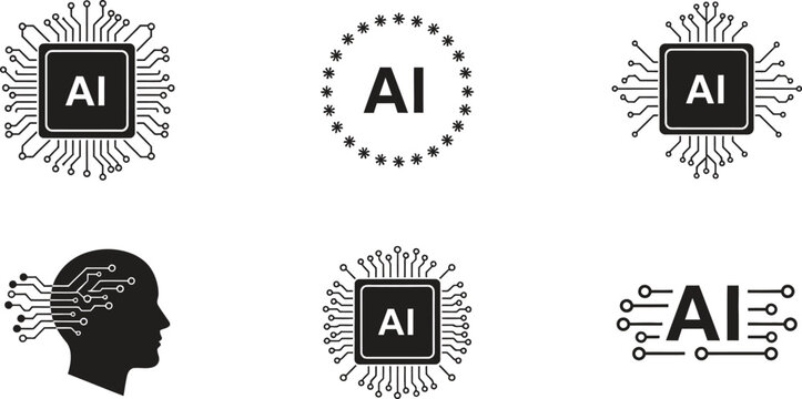 A collection of artificial intelligence logos and symbols in black and white