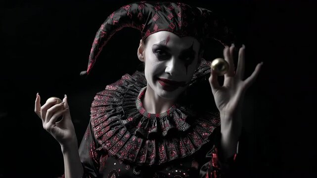 強い陰影で道化師が浮かび上がるフィルムノワール風ポーズ