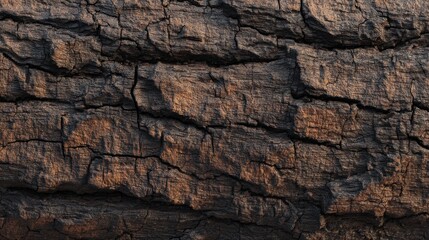 Fototapeta premium Detailed look at old oak wood showing dark bark with grooves and cracks, illuminated by warm light in the late afternoon