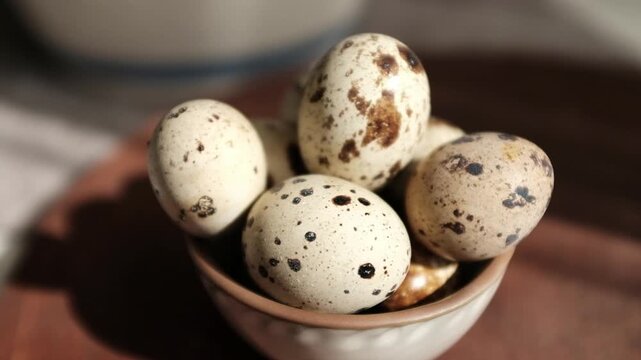 Close-up of fresh speckled quail eggs in a small ceramic bowl, resting on a rustic wooden plate under soft natural sunlight. Aesthetic cinematic video.