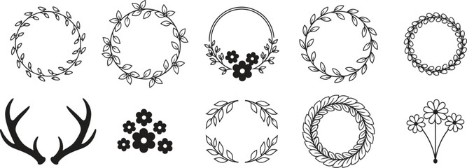 Fototapeta premium A collection of various floral wreaths and decorative elements on a white background