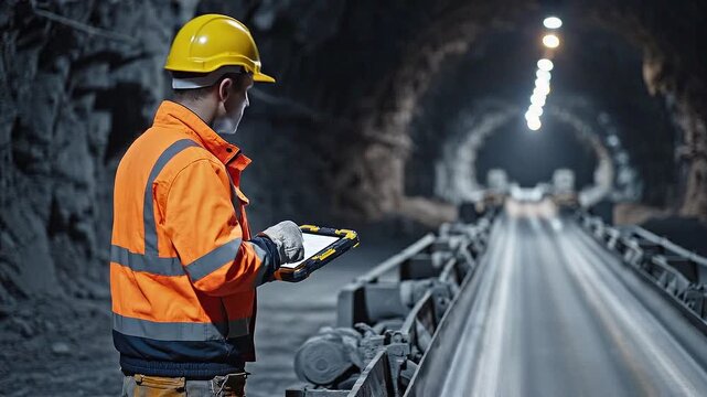 Worker in safety gear uses a tablet to monitor equipment in a mining tunnel, illuminated by overhead lights, with a conveyor belt visible in the foreground