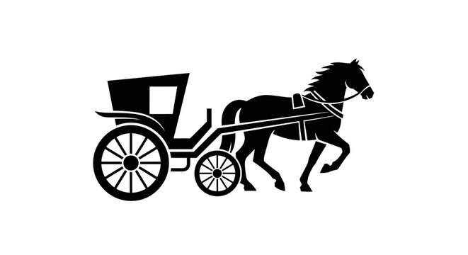 Black horse silhouette pulling a carriage on a solid white background
