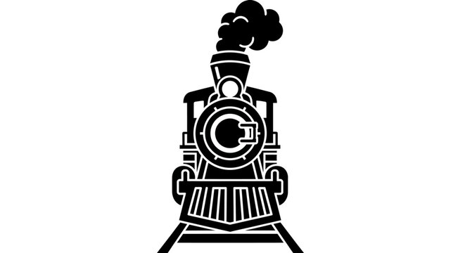 Front view black steam locomotive icon on tracks emitting smoke against white background