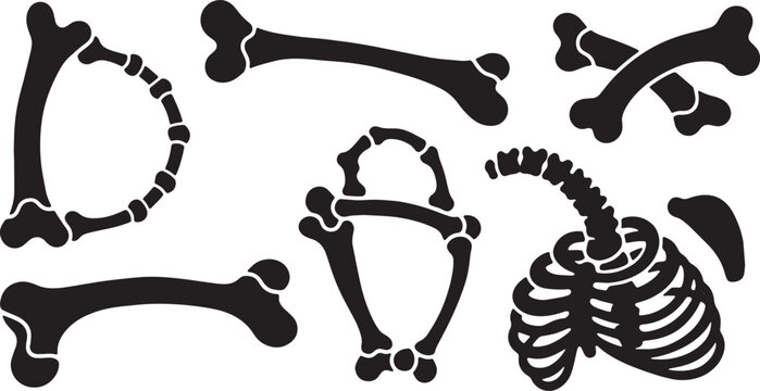Black Solid Abstract Bone Silhouettes Set of Six on White Background