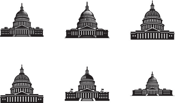 United States Capitol icon set vector. Outline government building symbols for politics UI use.