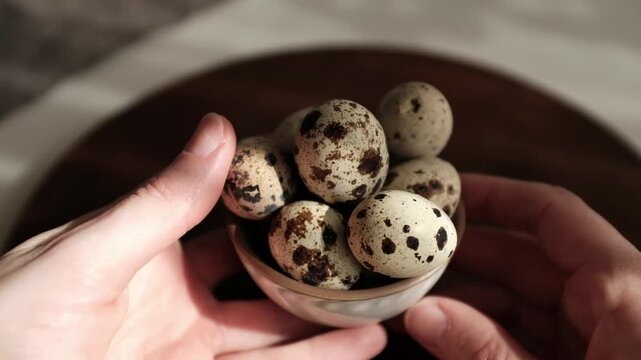 Close-up of fresh speckled quail eggs in a small ceramic bowl, resting on a rustic wooden plate under soft natural sunlight. Aesthetic cinematic video.