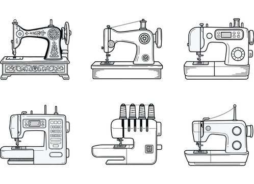 Monochrome Sewing Machines Collection in Detailed Line Art &ndash; Industrial & Mechanical Design
