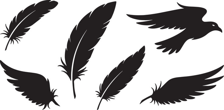 Black Solid Abstract Feather Silhouettes Set of Six on White Background