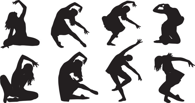 Black Solid Abstract Dancer Silhouettes Set of Six on White Background