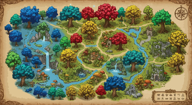 Fantasy map vector illustration with colorful trees, rivers, waterfalls, and ancient ruins on aged parchment texture