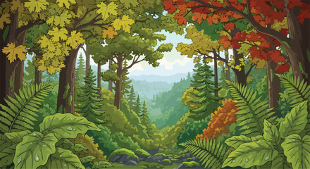 Vibrant autumn forest landscape vector illustration with colorful trees, lush green foliage, and distant mountains, ideal for nature backgrounds and environmental designs. © technology love