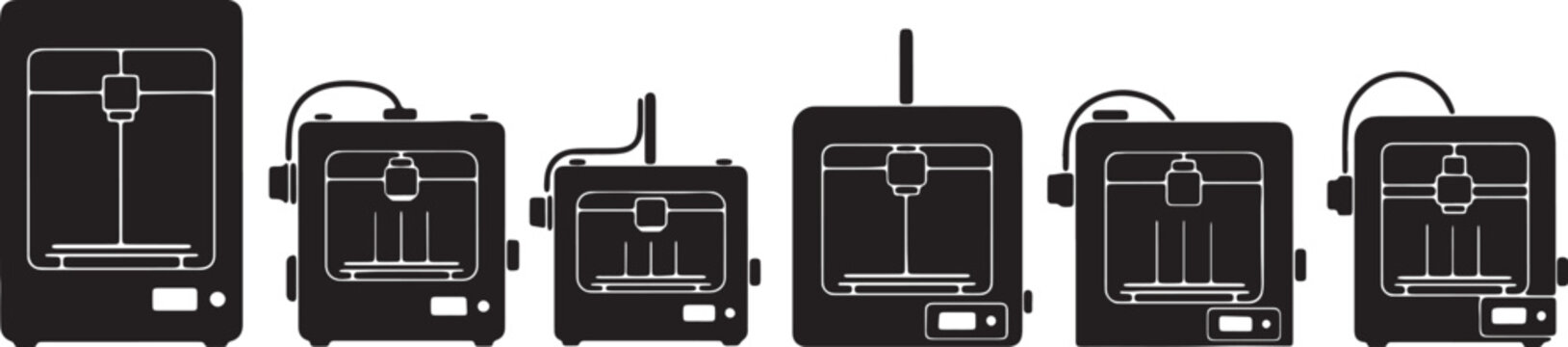 Black Solid 3D Printer Silhouettes Set of Six on White Background
