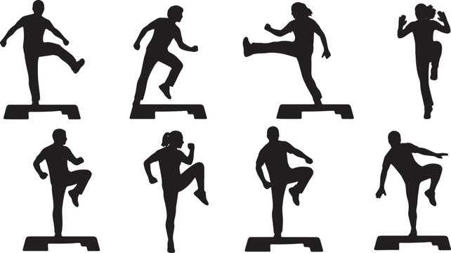 Black Solid Step Aerobics Silhouettes Set of Six on White Background