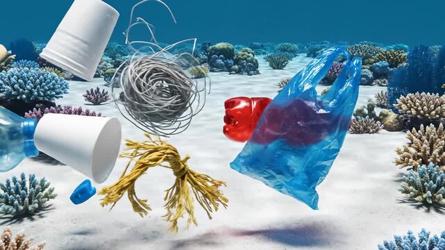 Plastic Pollution Floating Underwater Among Coral Reefs, Environmental Damage