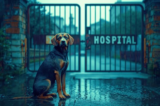 Brown and black dog waits by a hospital gate in rain