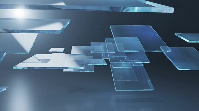 Geometric abstraction: An elegant composition of transparent glass planes, overlapping and intersecting to create a sense of depth, with subtle highlights that bring out the play of light.