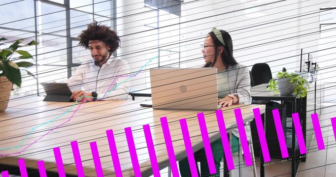 Coworkers at wood table shifting attention as animated magenta bars rising, tracking sales growth
