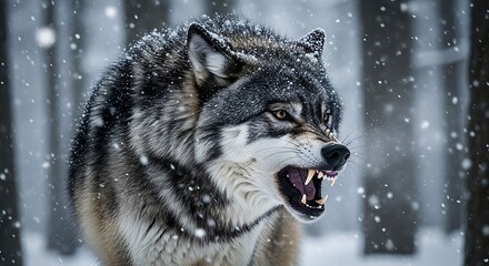 Fototapeta premium Fierce Gray Wolf Snarling in a Snowy Winter Forest.