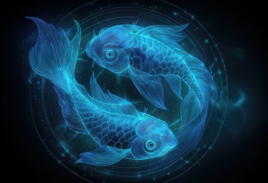 Two ethereal blue fish swim in a circle within a celestial design on a dark background