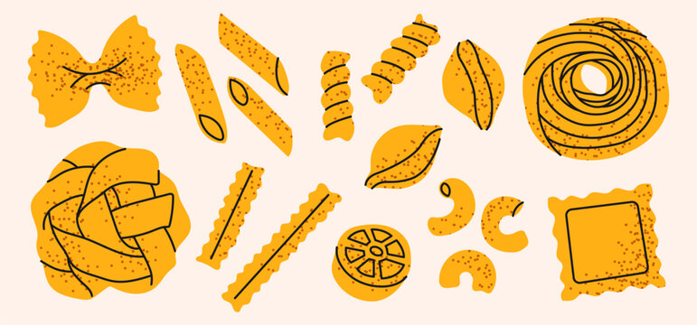 Different types of Italian pasta. Spaghetti, penne, fusilli, farfalle, rigatoni, rotelle, ravioli, conchiglie, pappardelle, elbows. Flat vector illustration.
