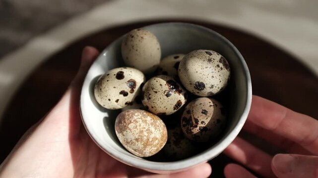 Close-up of fresh speckled quail eggs in a small ceramic bowl, resting on a rustic wooden plate under soft natural sunlight. Aesthetic cinematic video.