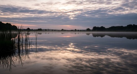 Obraz premium Serene lake at sunset with reflection.