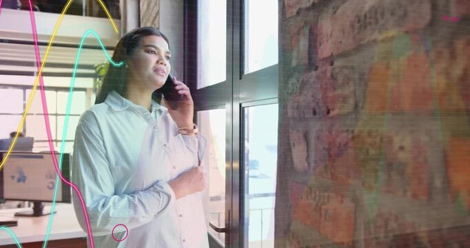 Business woman entering holding phone moving to door, phone call causing graphs rising and smiling