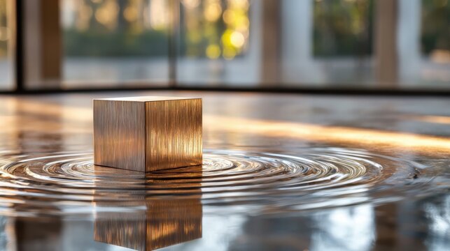 An Artistic Representation of a Floating Wooden Block in a Serene Water Pool with Surrounding Elements