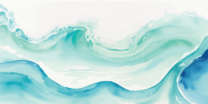Abstract watercolor composition with layered waves in vibrant blue and green tones, expressive artistic strokes creating depth and texture, perfect for sophisticated backgrounds
