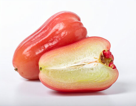 A close-up of a glossy red wax apple alongside a crisp longitudinal slice. The image showcases its unique bell shape and succulent, pale white flesh against a clean background.