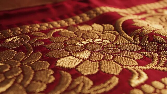 Rich Textured Red Fabric with Intricate Gold Floral Embroidery Close Up Detailed Macro Shot Soft Lighting Warm Glow Elegant Design Traditional Textile Pattern