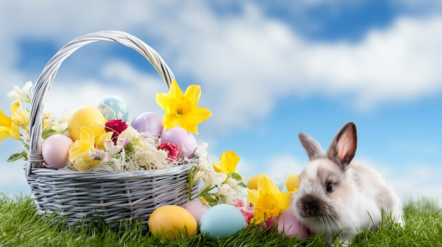 Osterkorb mit bunten Eiern und Blumen auf Wiese neben Kaninchen. Fr&uuml;hlingsmotiv mit Copyspace, Konzept f&uuml;r Ostern, Natur und saisonale Dekoration.