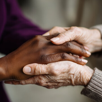 Junge Person h&auml;lt die Hand einer &auml;lteren Frau, Symbol f&uuml;r Pflege, Unterst&uuml;tzung und Zusammenhalt, Nahaufnahme mit emotionalem Fokus und Copyspace