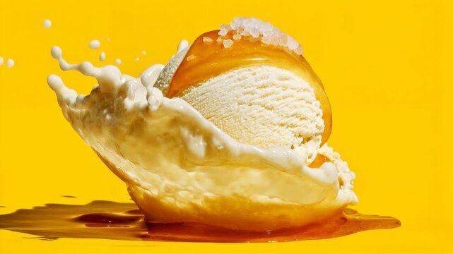 Vanilla ice cream scoop bursting with splash on bright yellow background showing playful motion refreshing energy and sweet dessert appeal in a bold studio food composition