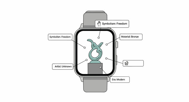Modern smartwatch displaying an abstract bronze sculpture symbolizing freedom, with metadata labels indicating artist, material, and era.