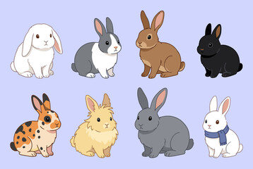 Obraz premium Various breeds of rabbits and bunnies collection in different colors and patterns like white grey brown and spotted in flat vector style